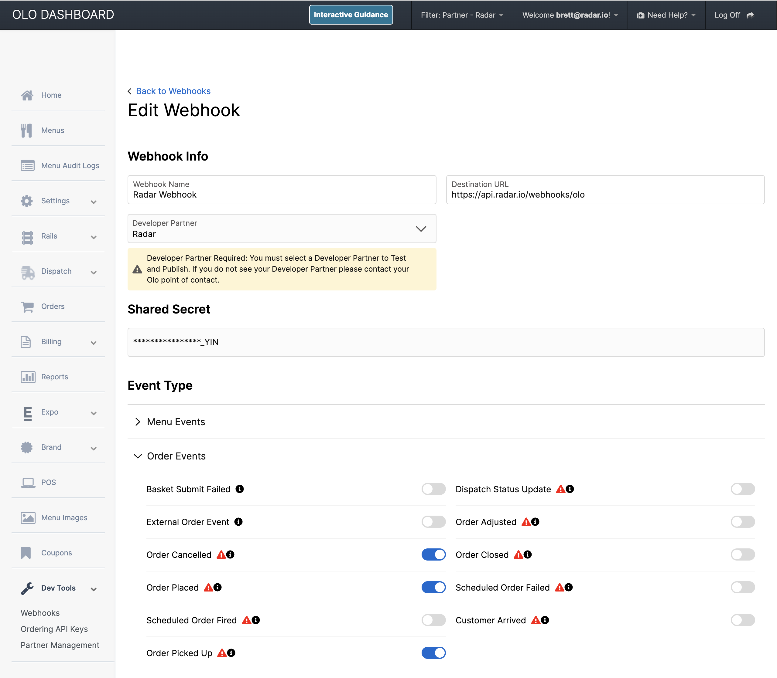 Olo Webhook Configuration